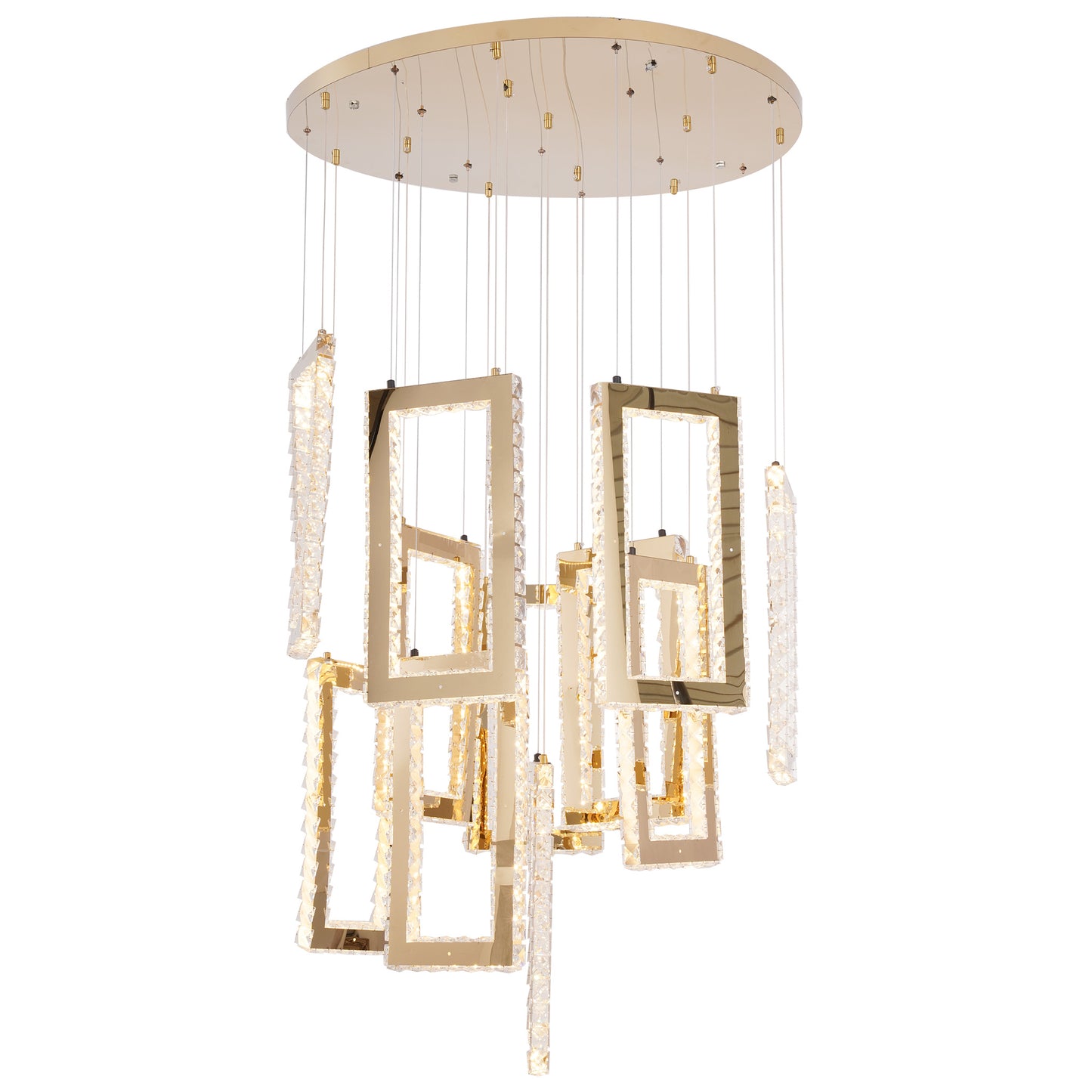 Candil Decorativo 2CLAT74 – Diseño Geométrico Dorado con Cristal para Doble Altura