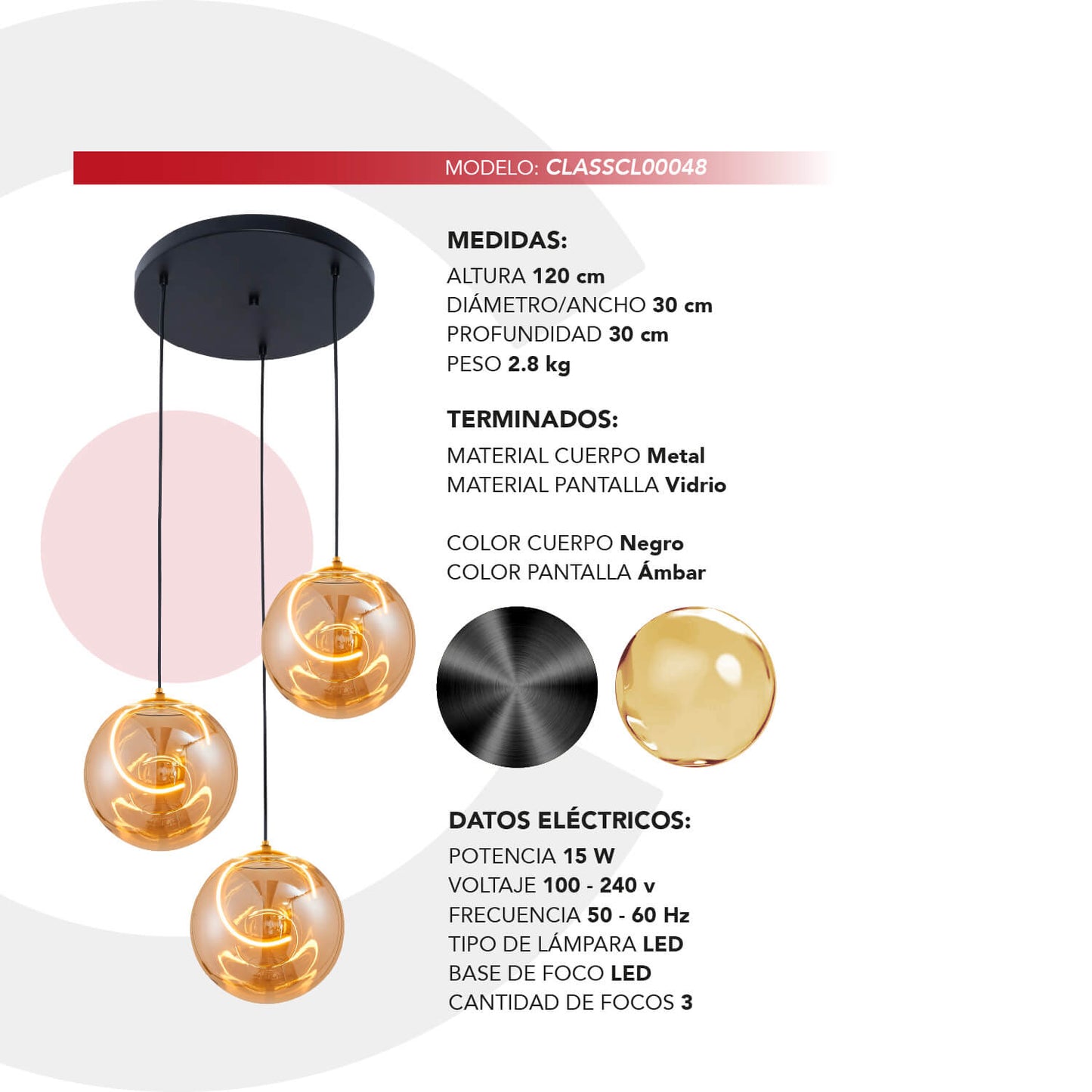 Candil Colgante Moderno CLASSCL00048 – Tres Esferas Ámbar con Iluminación LED Decorativa