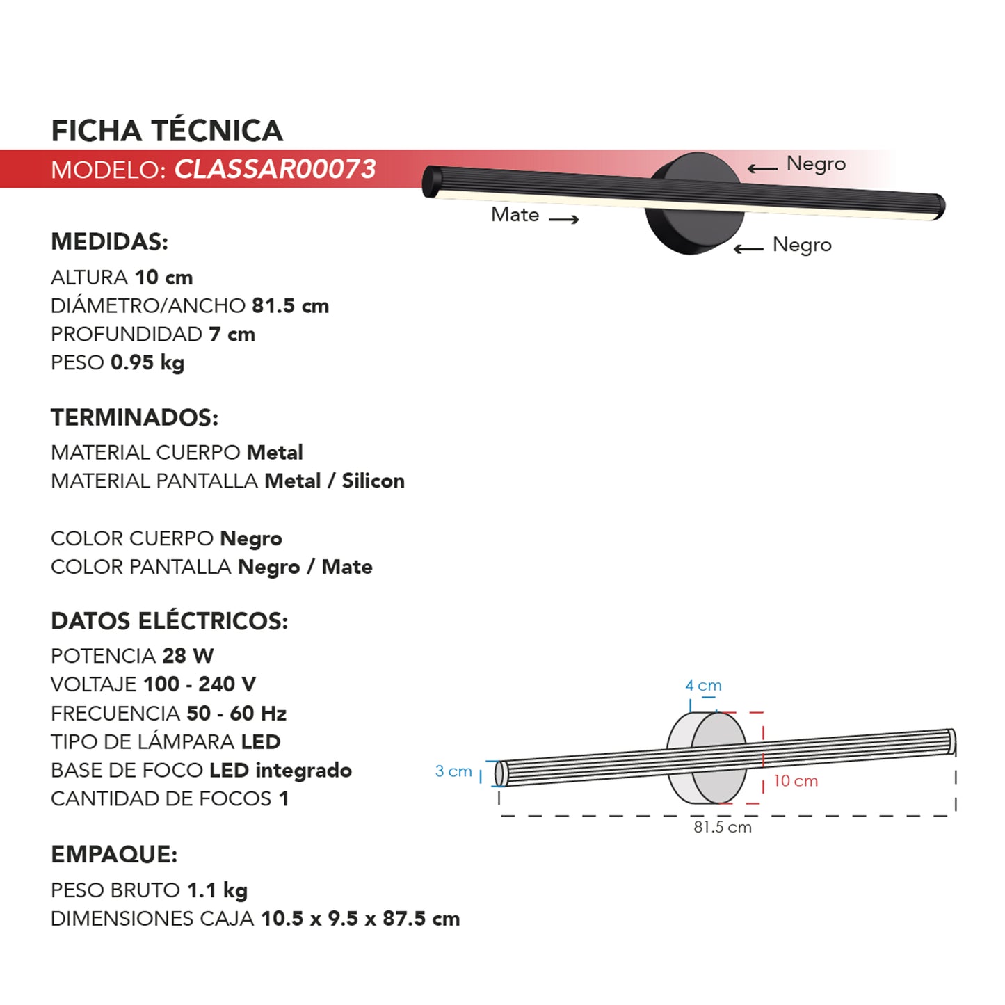 Arbotante Lineal Minimalista CLASSAR00073 – LED Integrado en Acabado Negro