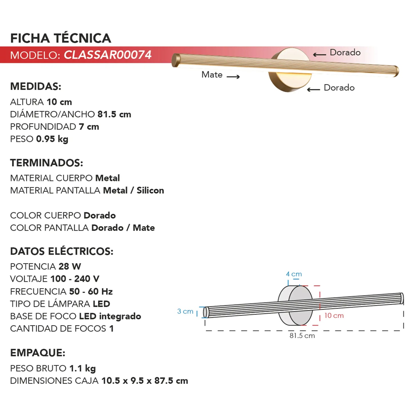 Arbotante LED Minimalista CLASSAR00074 – Línea Horizontal en Dorado Mate