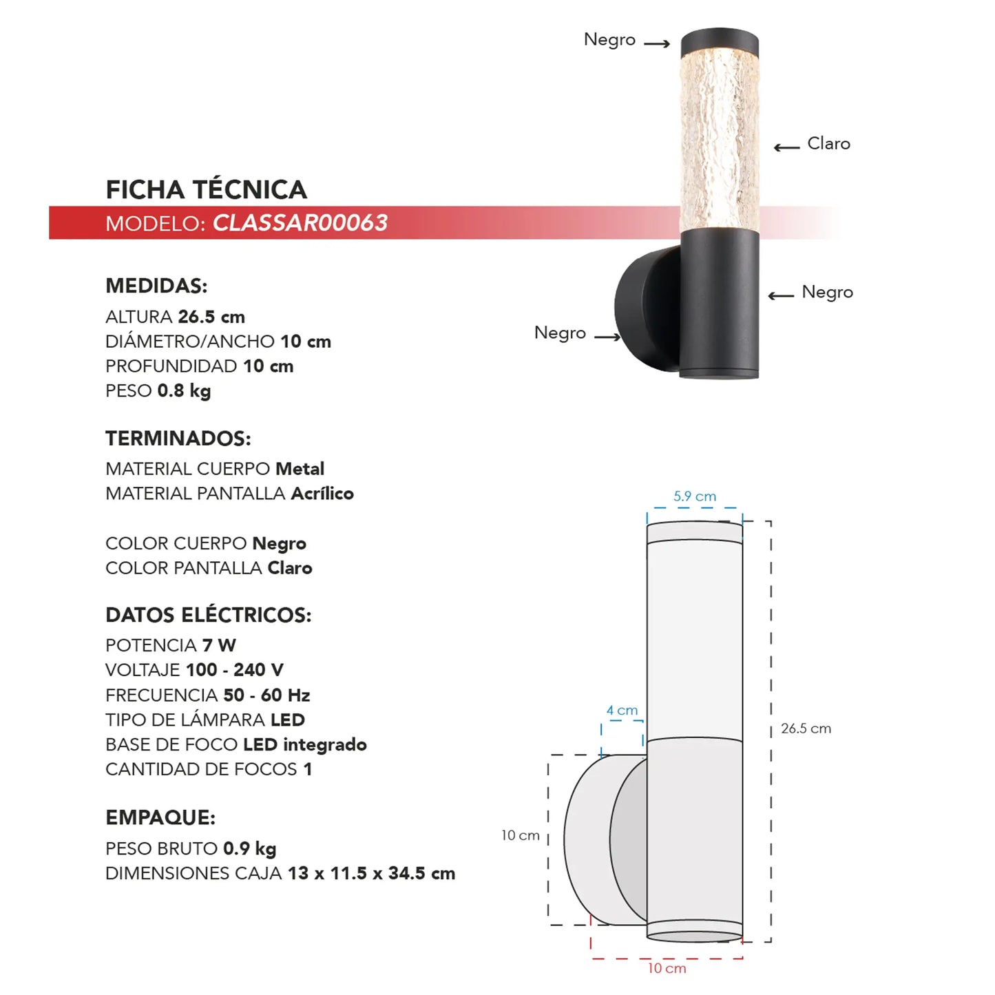 Arbotante Moderno CLASSAR00063 – Negro con Acrílico Claro LED