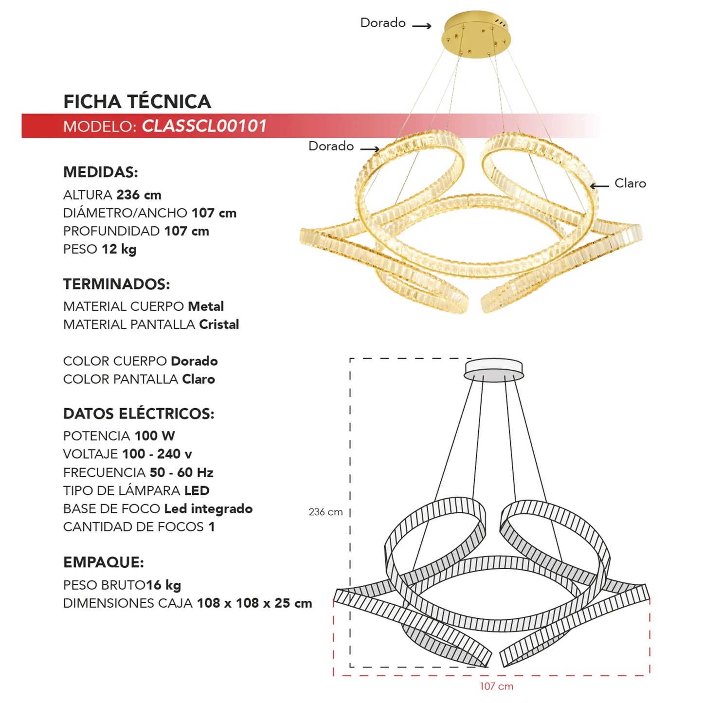 Candil Colgante Moderno CLASSCL00101 – Diseño Escultural LED en Dorado con Cristal