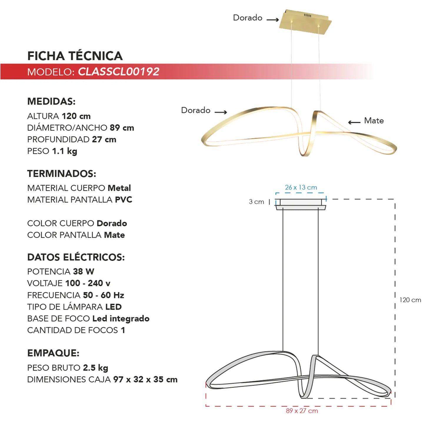 Candil Colgante Moderno CLASSCL00192 – Diseño Orgánico LED en Dorado Mate