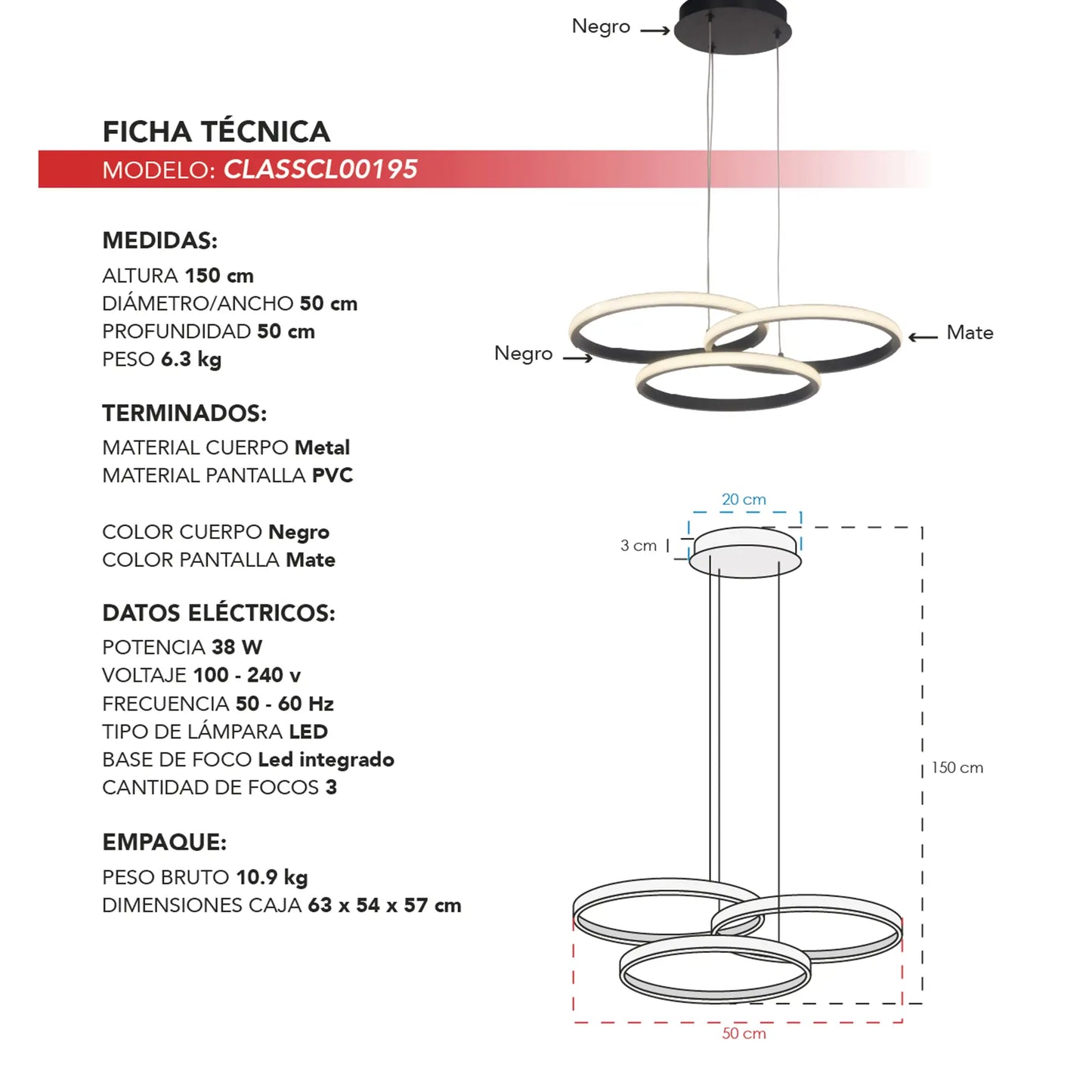 Candil Colgante Minimalista CLASSCL00195 – Aros LED Suspendidos en Negro