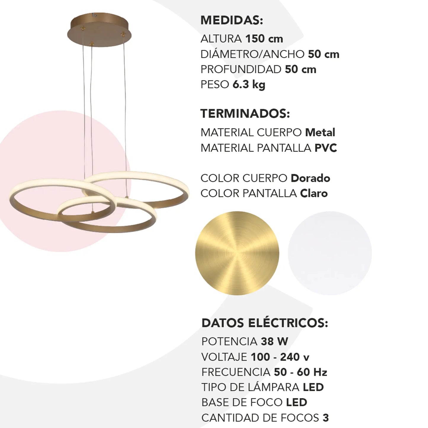 Candil Colgante Minimalista CLASSCL00196 – Aros LED Suspendidos en Acabado Dorado