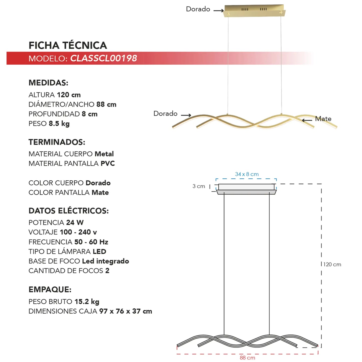 Candil Colgante Minimalista CLASSCL00198 – Líneas Onduladas LED en Acabado Dorado