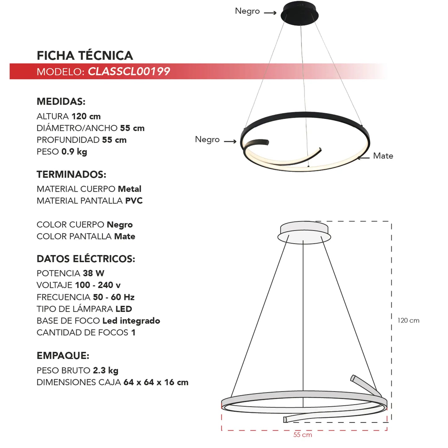 Candil Colgante Minimalista CLASSCL00199 – Aro LED Suspendido en Negro
