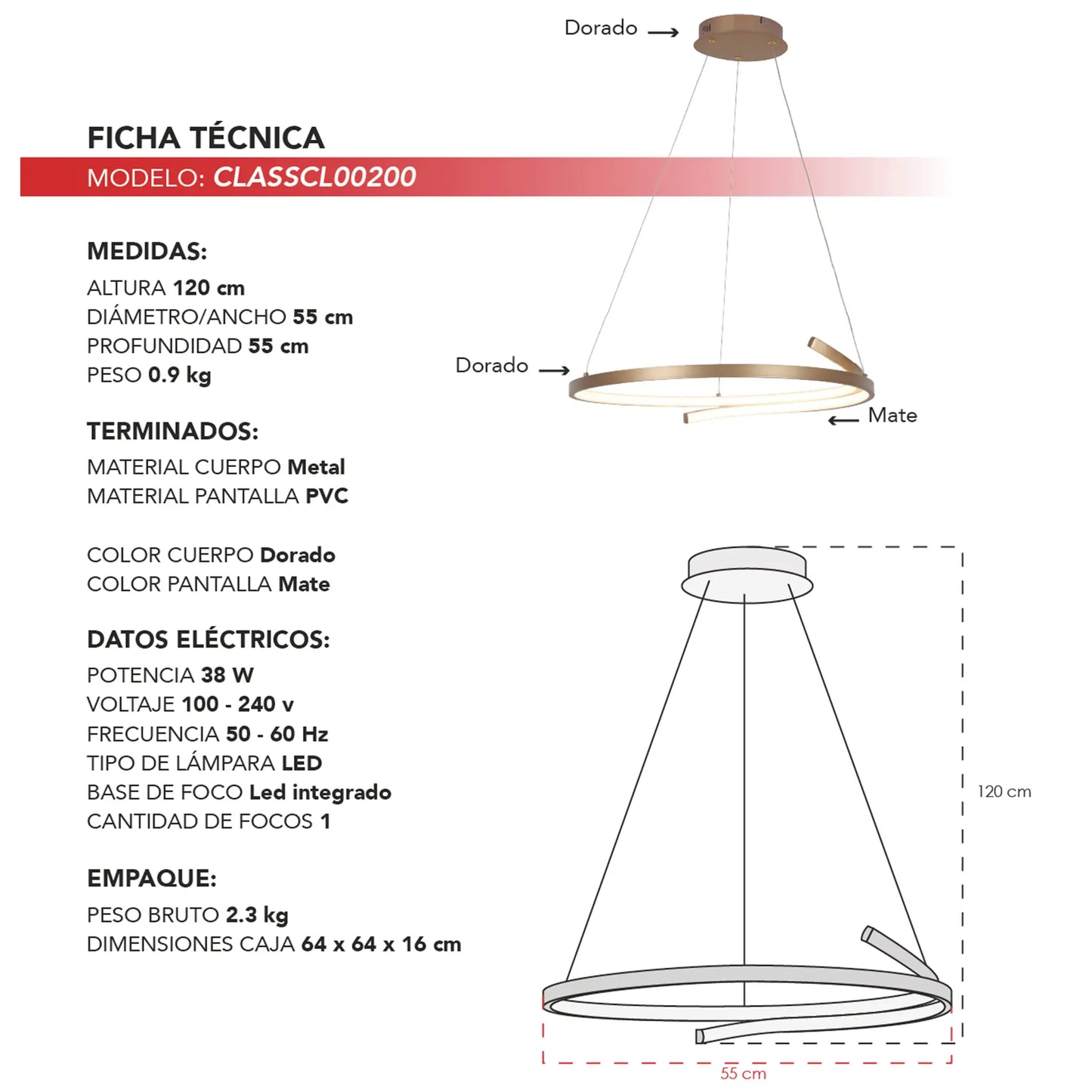 Candil Colgante Minimalista CLASSCL00200 – Aro LED Dorado de Diseño Contemporáneo