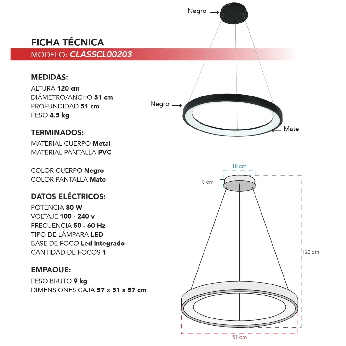 Candil Colgante Minimalista CLASSCL00203 – Aro LED Suspendido en Negro