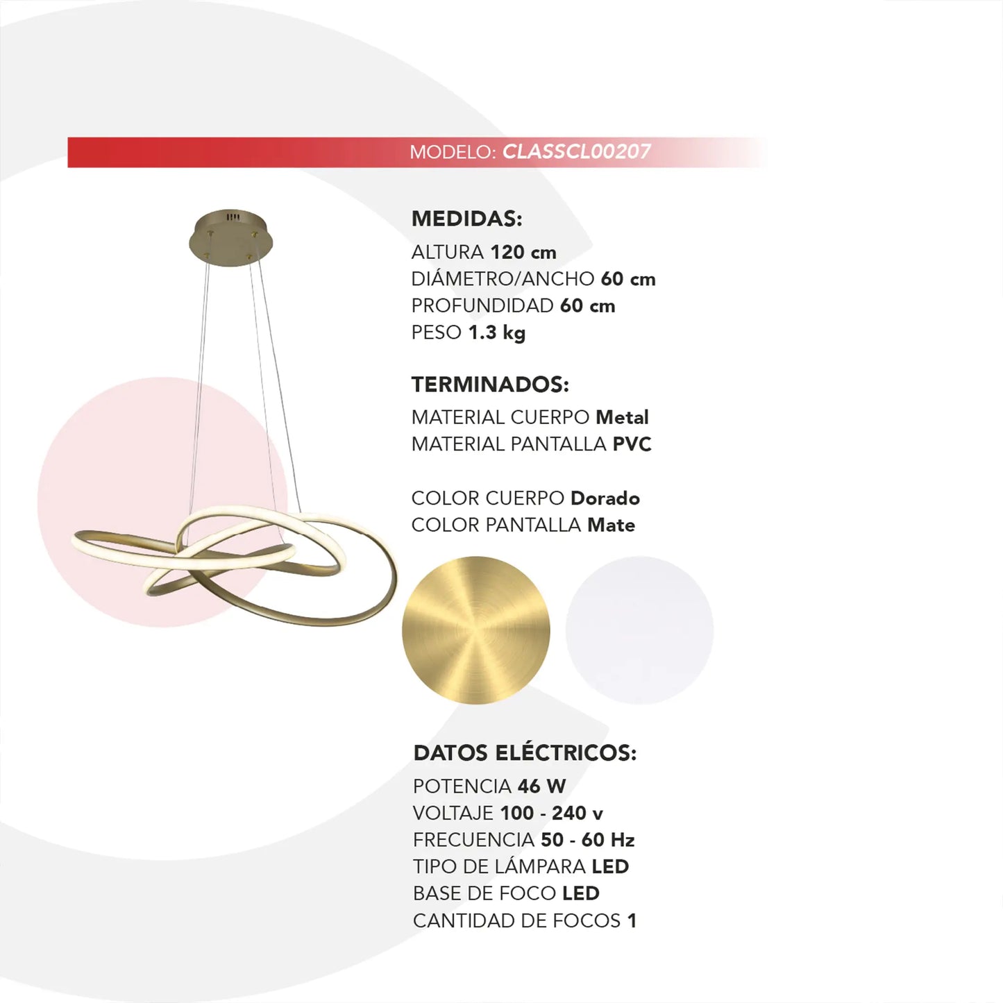 Candil Colgante Minimalista CLASSCL00207 – Diseño Escultórico LED Entrelazado en Acabado Dorado