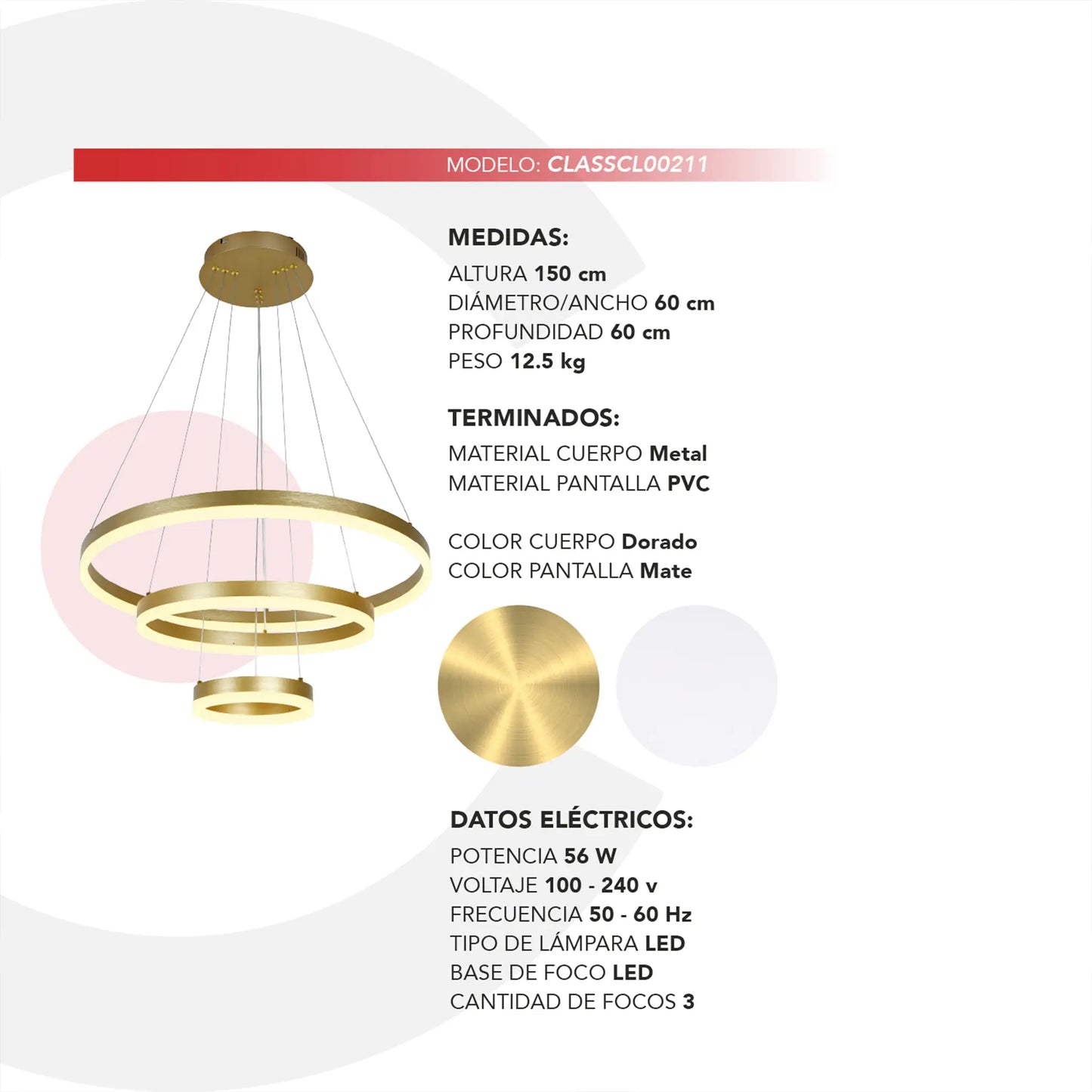 Colgante Minimalista CLASSCL00211 – Triple Aro LED Dorado Mate