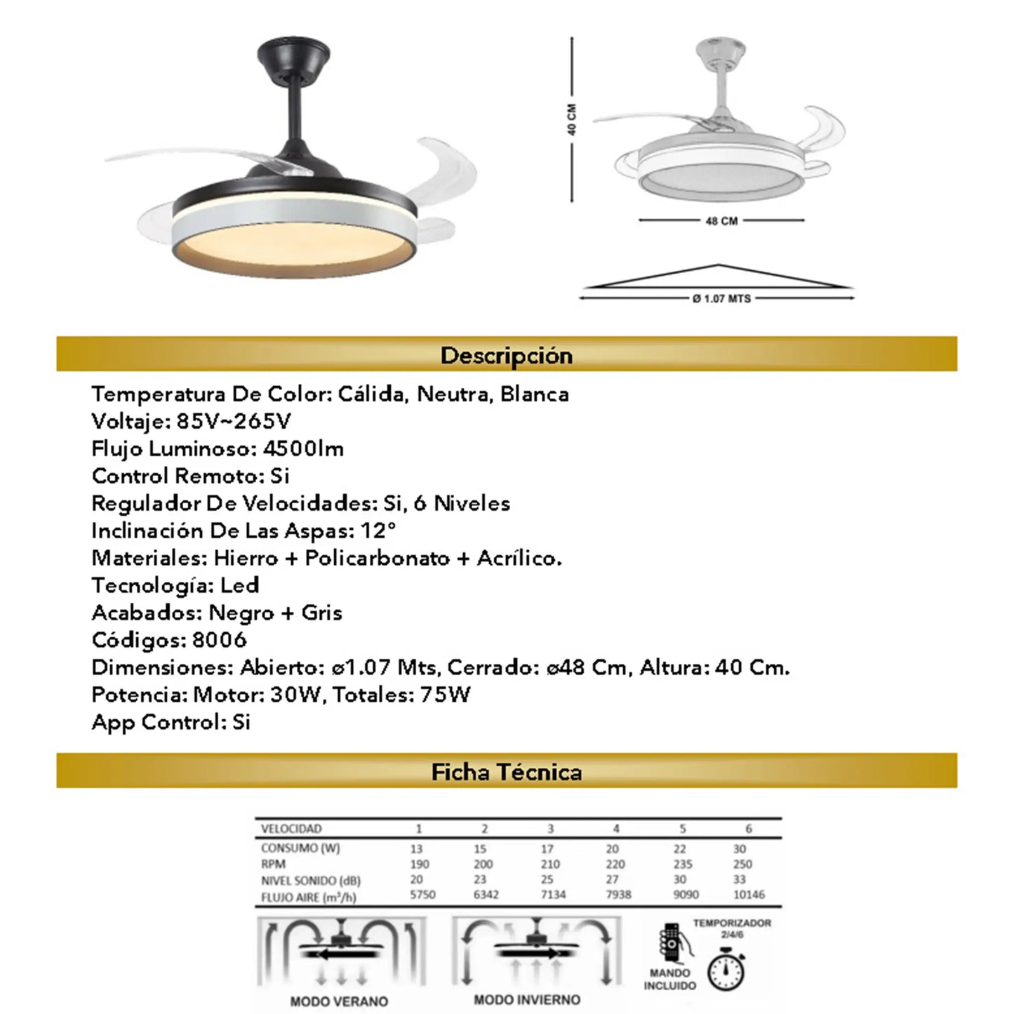 Ventilador Decorativo Moderno FALCON 8006 – Aspas Retráctiles LED con Control Remoto y App
