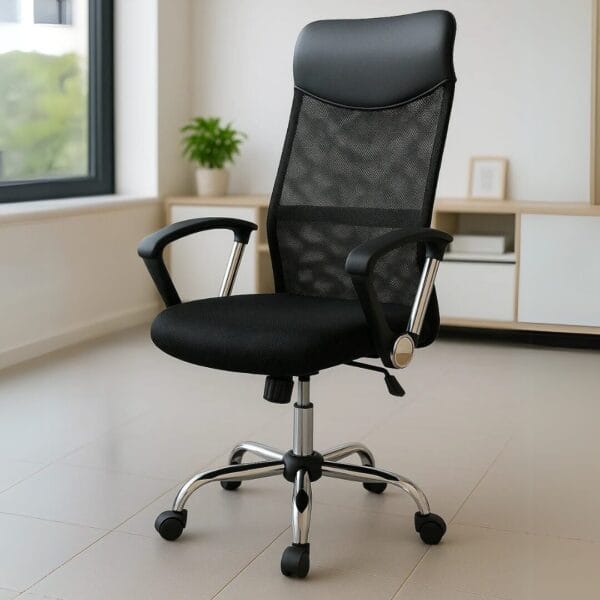 Silla Ejecutiva E103 Mesh y Tela Negra – Diseño Ergonómico con Base Cromada