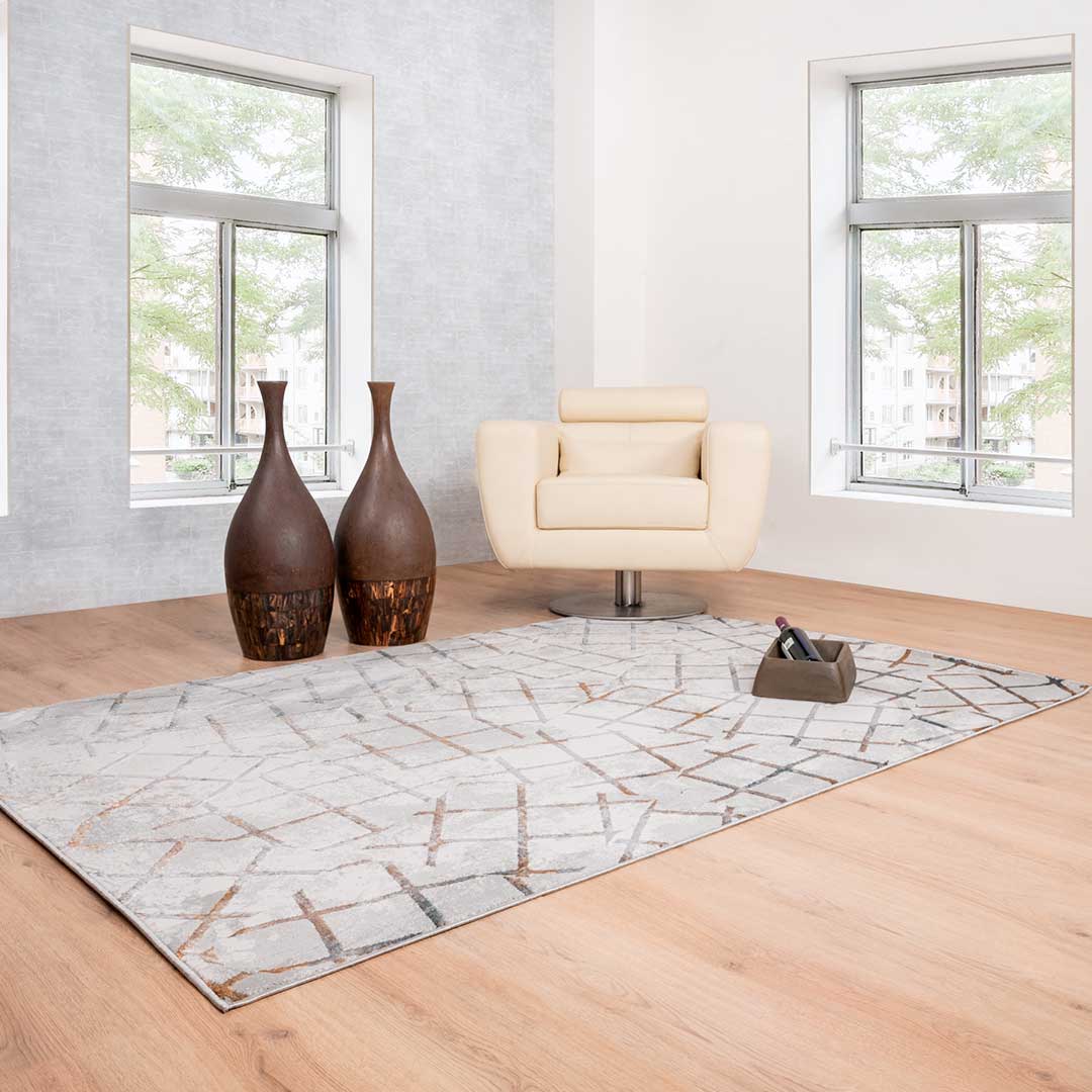 Tapete Decorativo Adara T2259 Oro / Gris / Azul – Geométrico · Interior