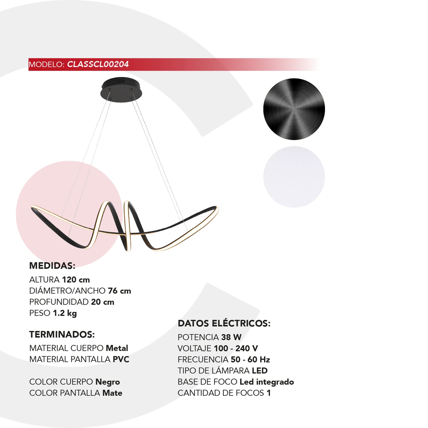 Colgante Minimalista CLASSCL00204 – Diseño Ondulado LED en Negro