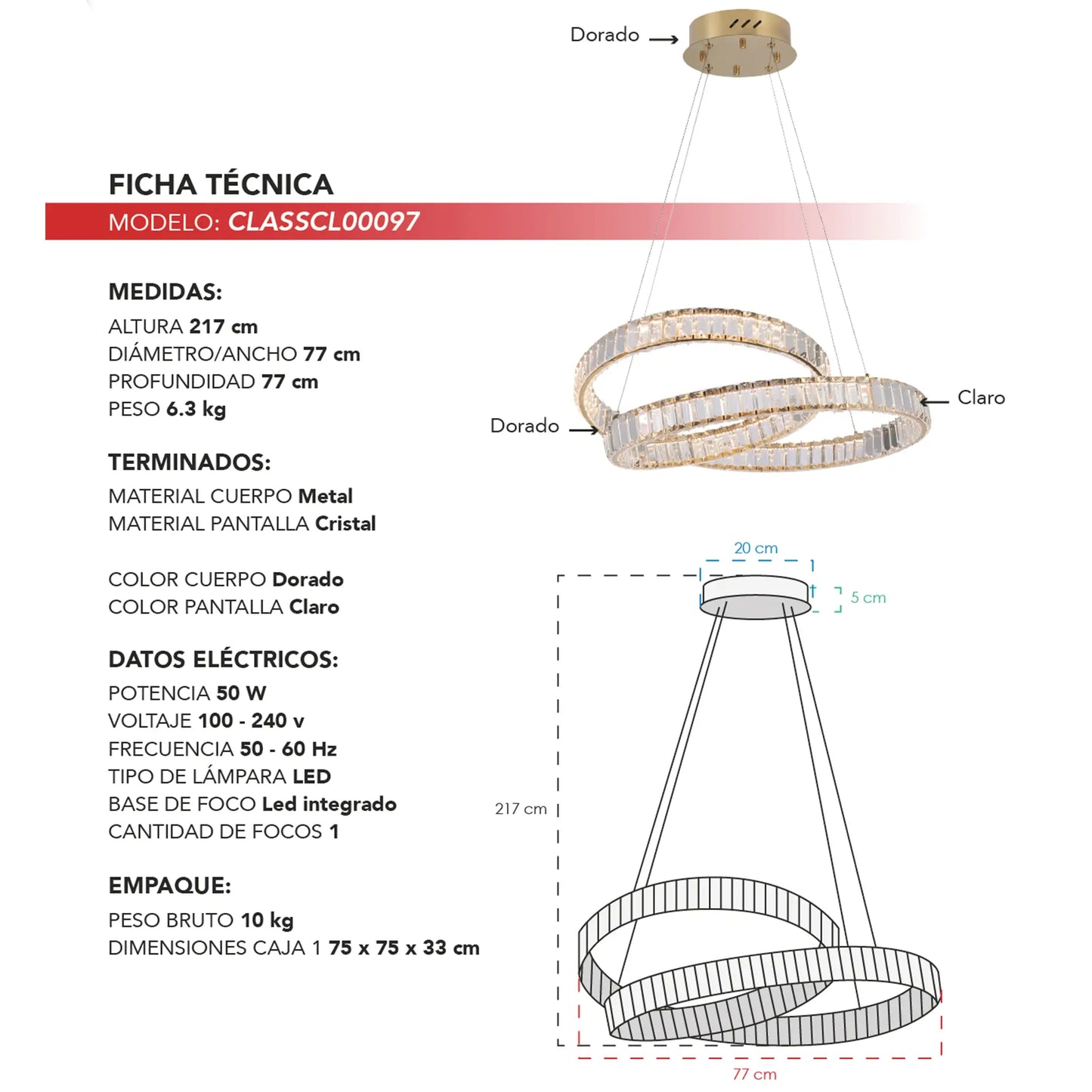 Candil Colgante Moderno CLASSCL00097 – Doble Aro de Cristal LED Dorado