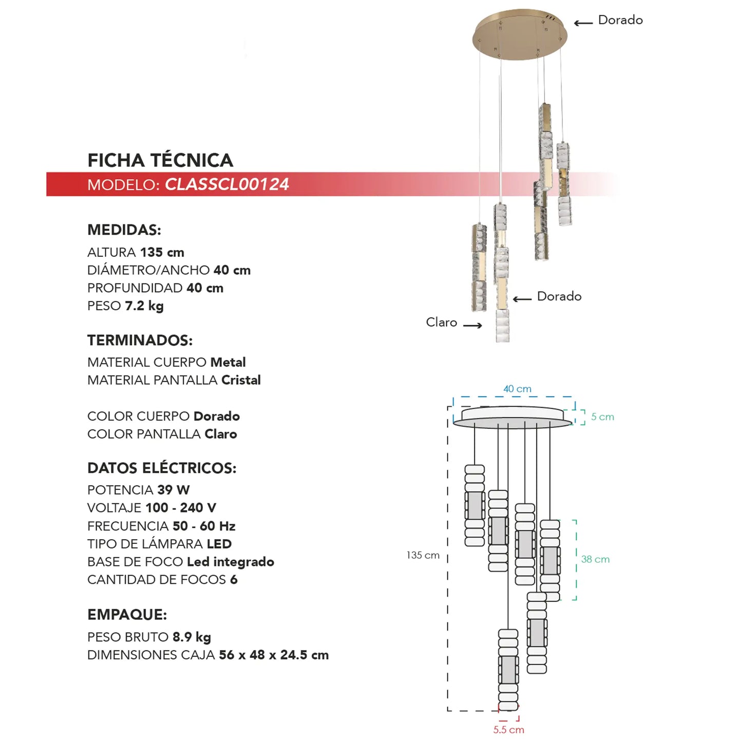 Colgante Moderno CLASSCL00124 – Suspensión Vertical LED con Cristal Claro