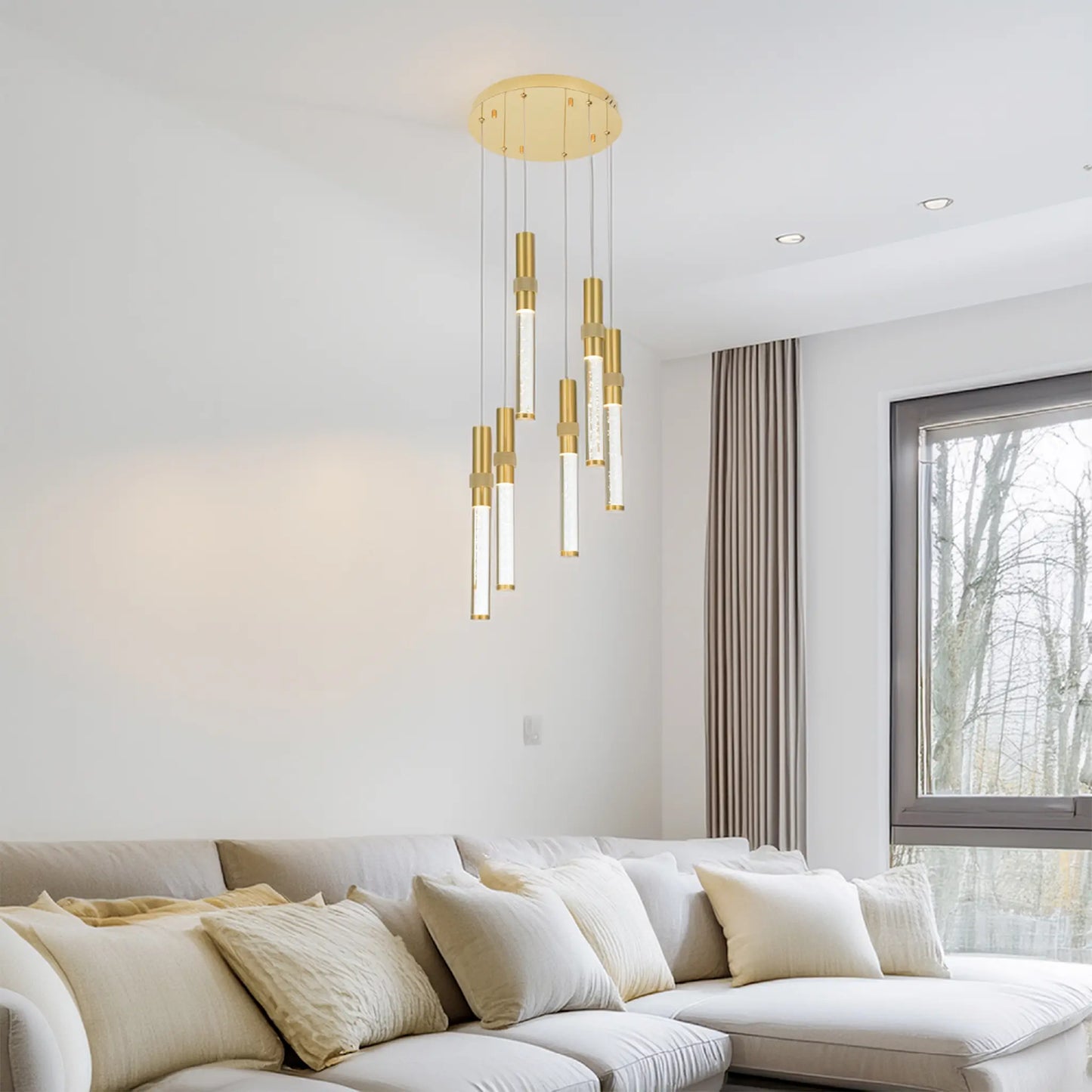 Candil Colgante Moderno CLASSCL00150 – Cilindros LED Suspendidos para Doble Altura en Dorado