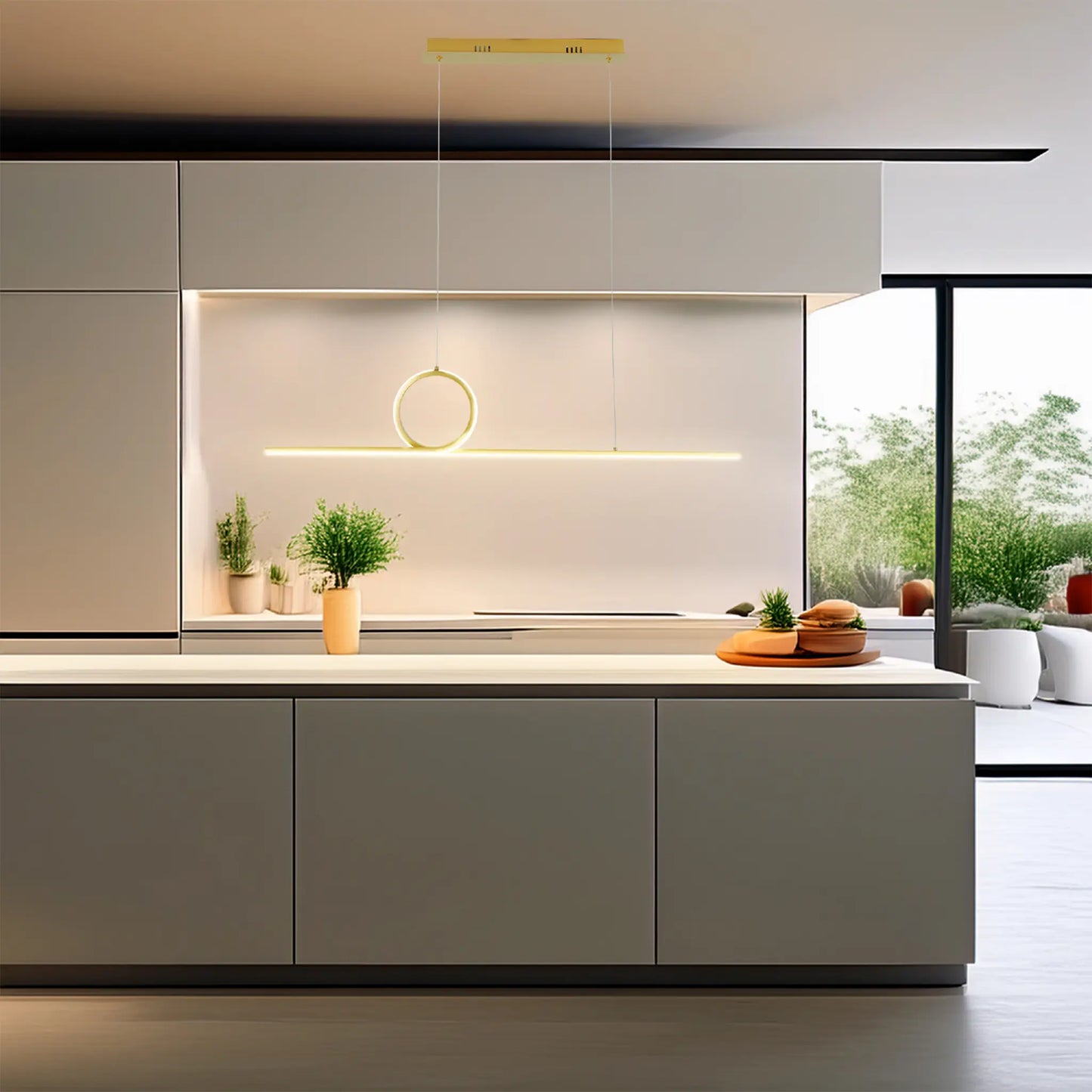 Candil Colgante Minimalista CLASSCL00194 – Barra LED Geométrica con Aro en Dorado