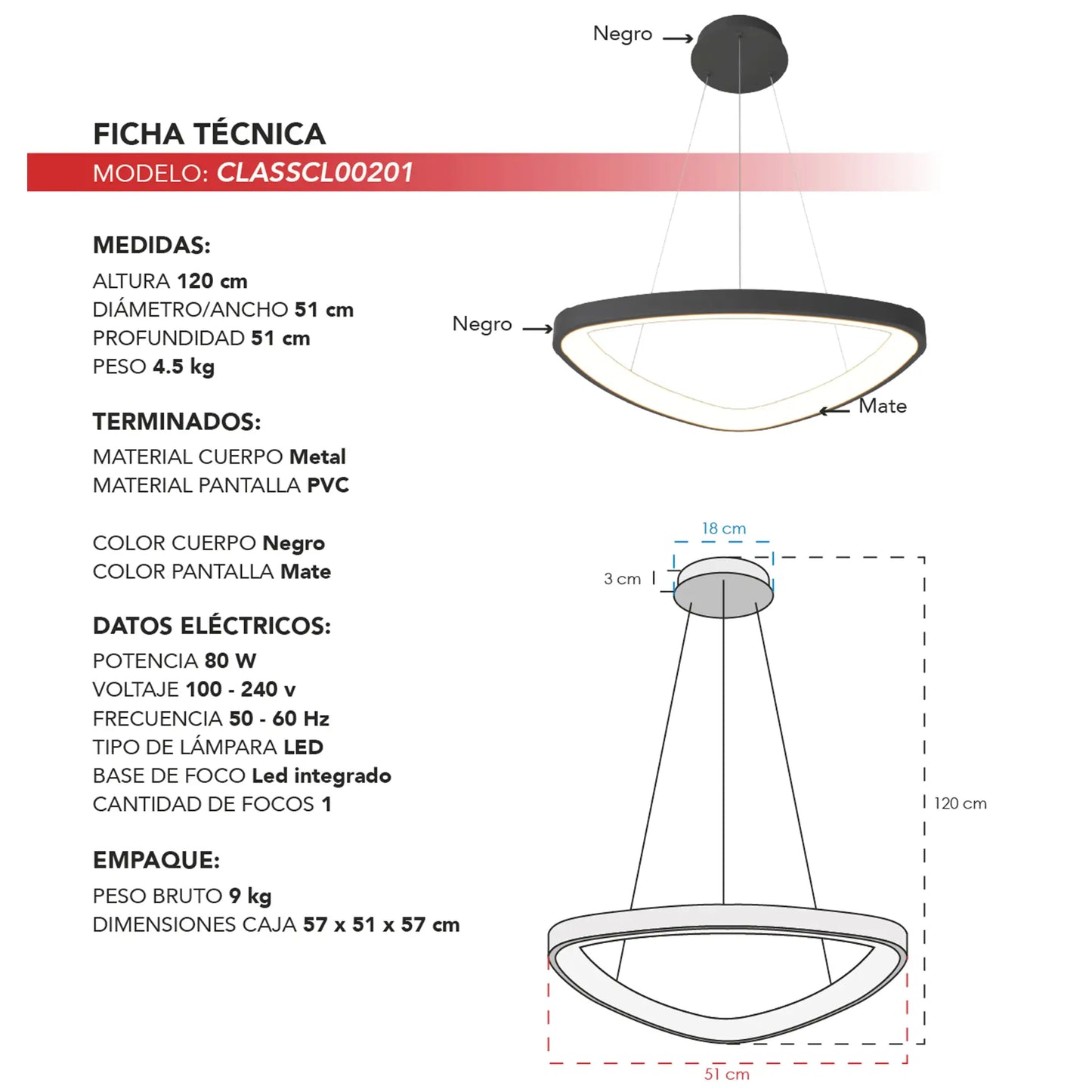 Candil Colgante Minimalista CLASSCL00201 – Iluminación LED Funcional en Negro
