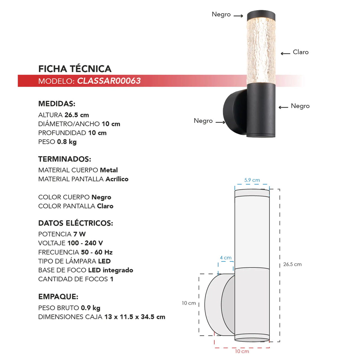 Arbotante Moderno CLASSAR00063 – Negro con Acrílico Claro LED