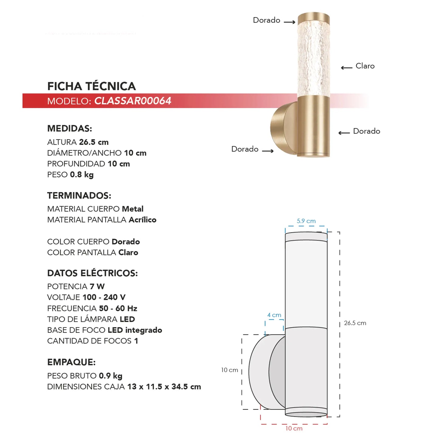 Arbotante Moderno CLASSAR00064 – Dorado con Acrílico Claro LED