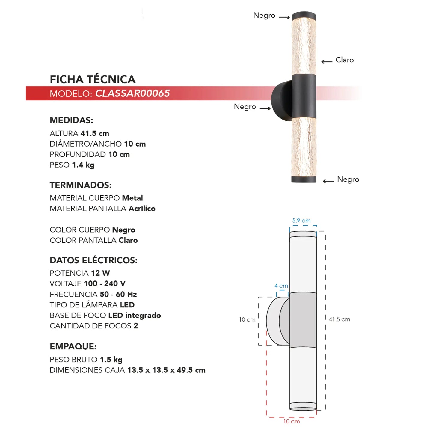 Arbotante Moderno CLASSAR00065 – Negro con Acrílico Claro LED Doble Emisión