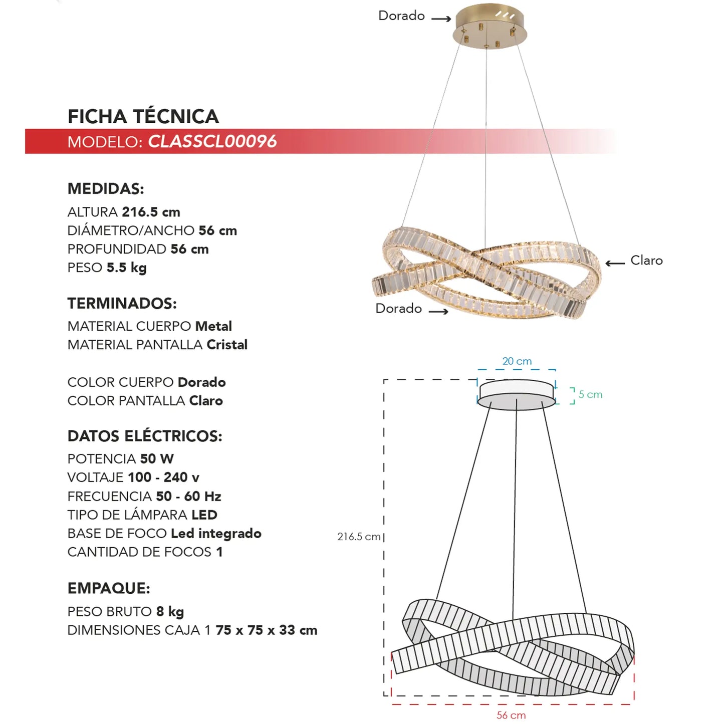 Candil Colgante Moderno CLASSCL00096 – Aro Escultural LED de Cristal en Dorado