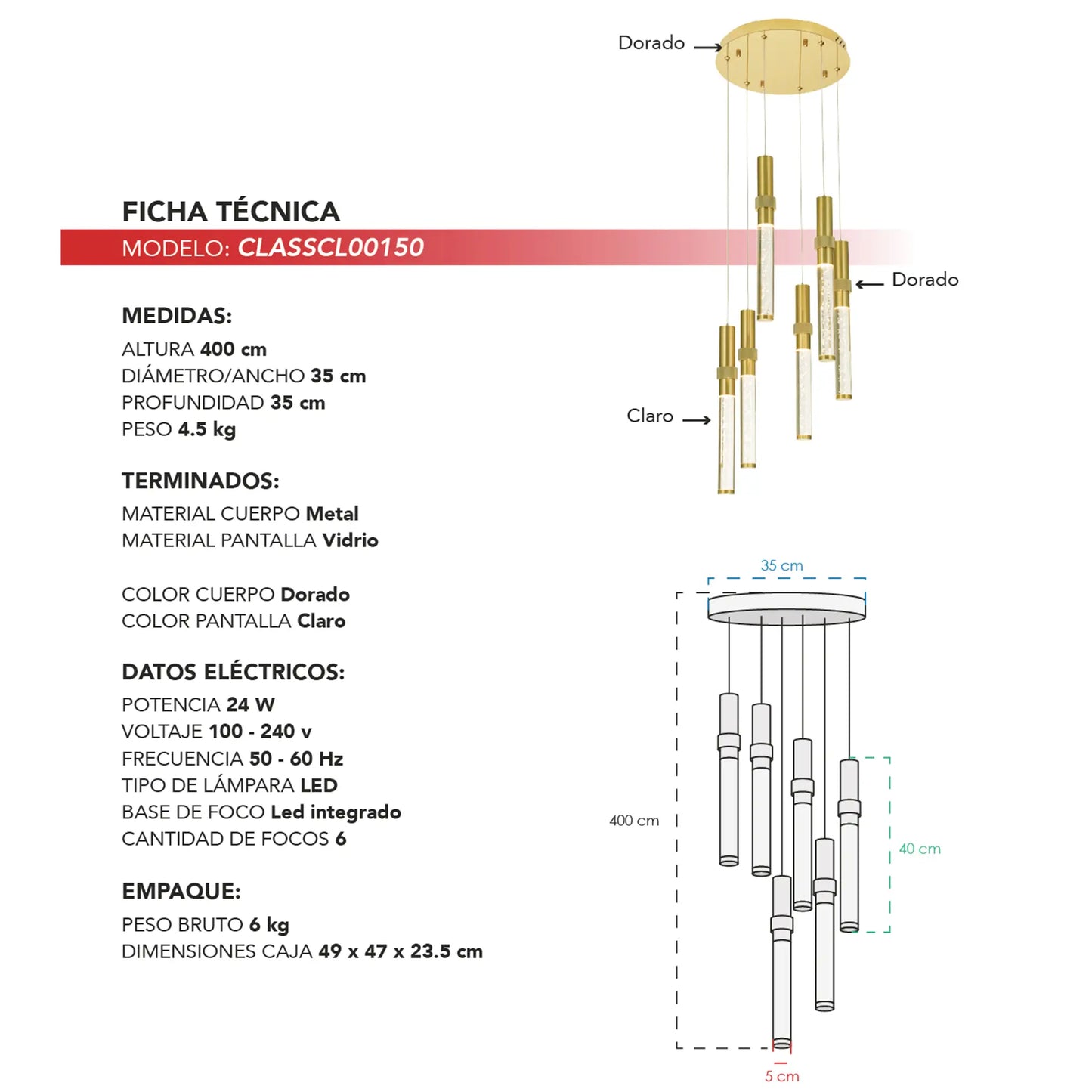 Candil Colgante Moderno CLASSCL00150 – Cilindros LED Suspendidos para Doble Altura en Dorado