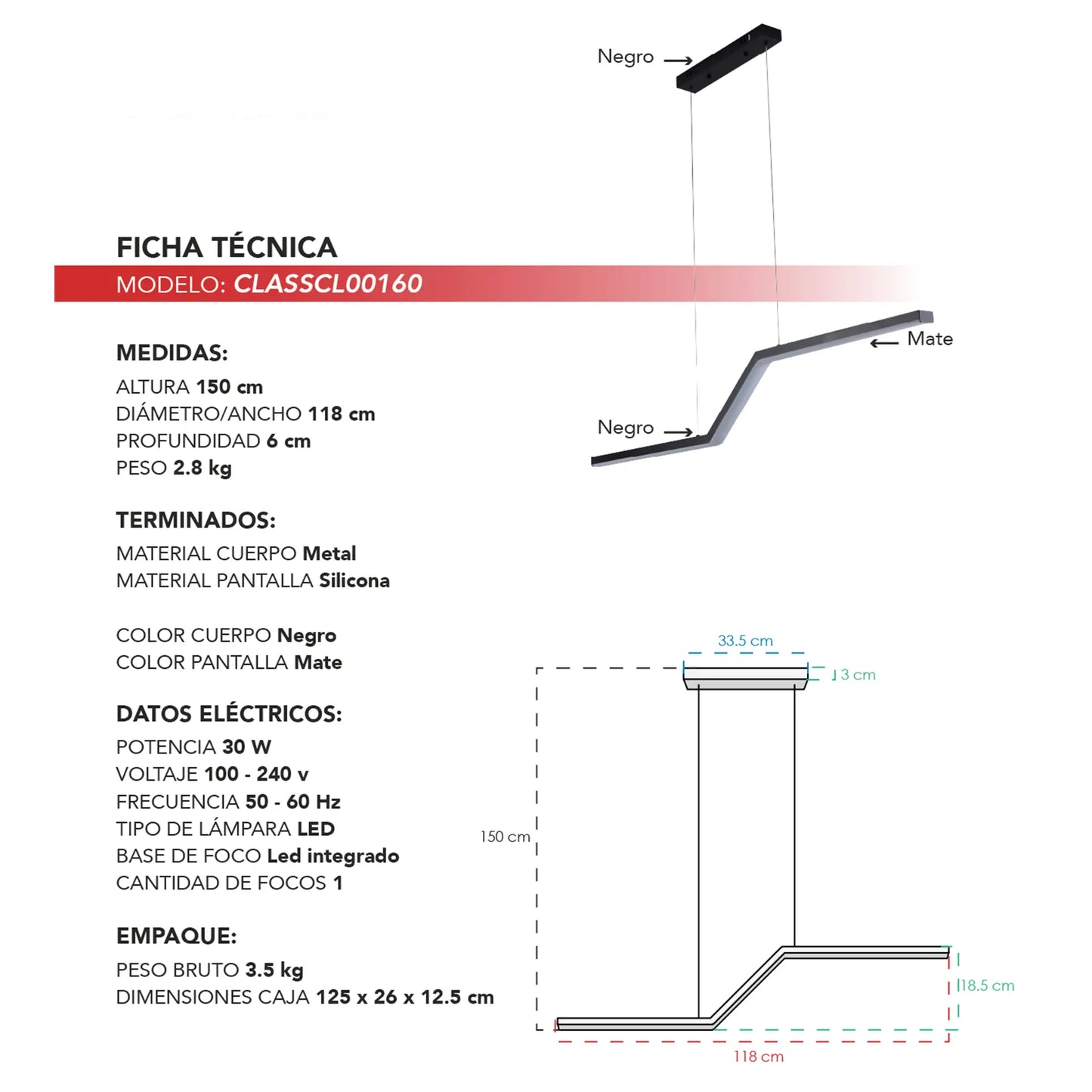 Colgante Minimalista CLASSCL00160 – Diseño Lineal en Negro Mate