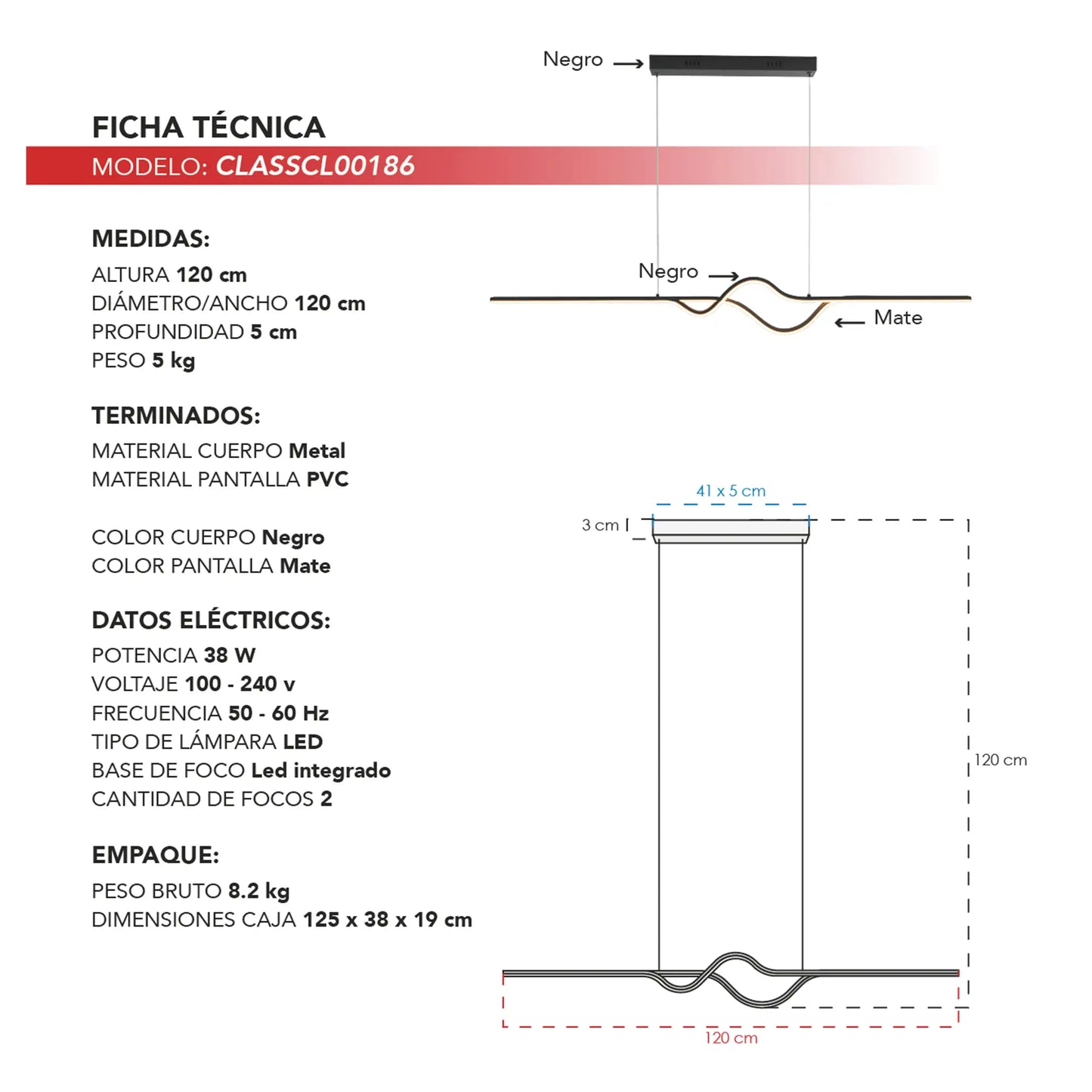 Candil Colgante Minimalista CLASSCL00186 – Diseño Lineal Ondulado LED en Negro Mate