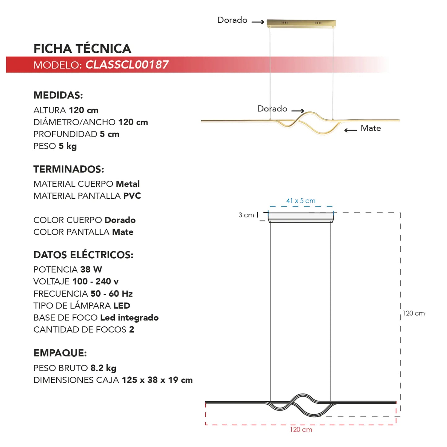Candil Colgante Minimalista CLASSCL00187 – Línea Ondulada LED Suspendida en Dorado