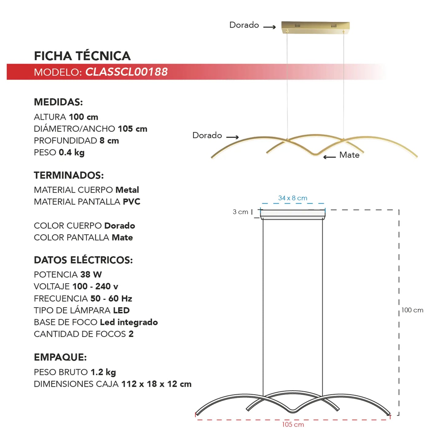 Candil Colgante Moderno CLASSCL00188 – Diseño Curvo LED Minimalista en Dorado