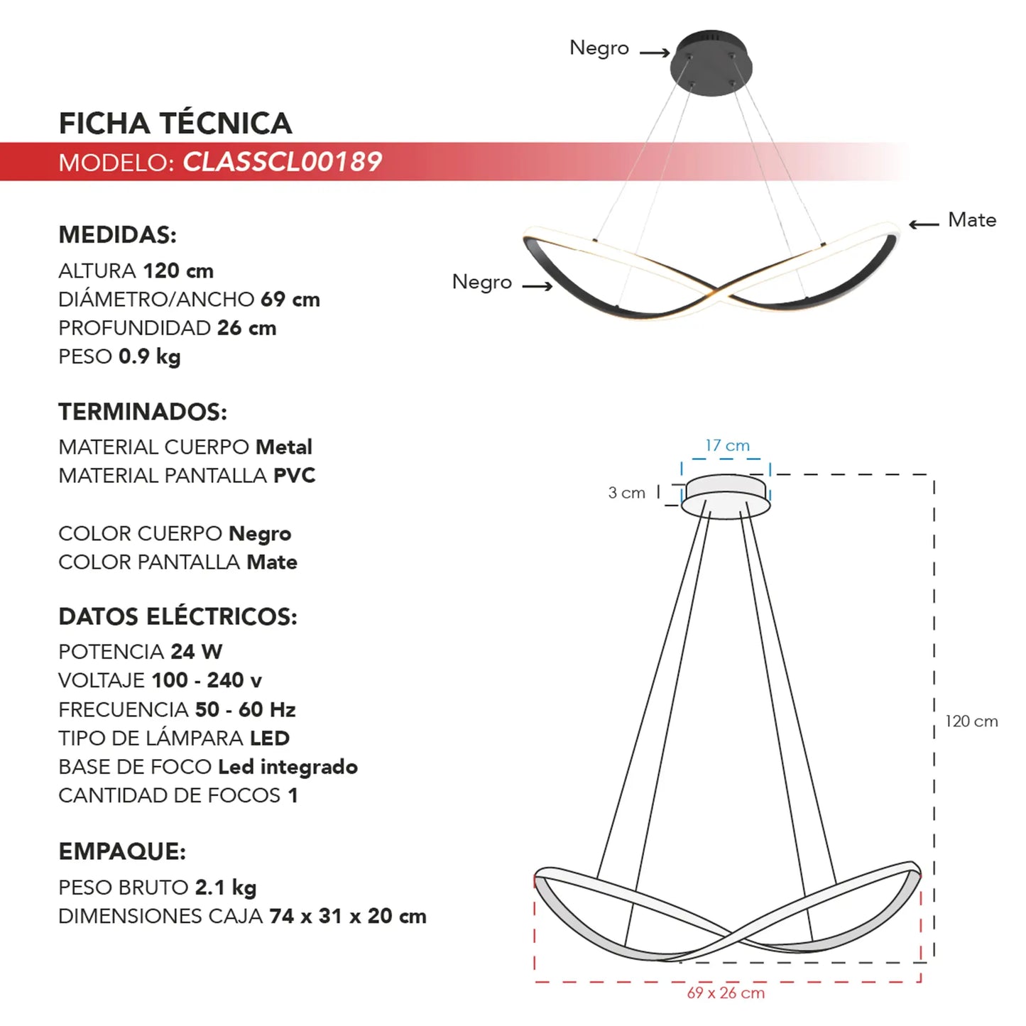 Candil Colgante Moderno CLASSCL00189 – Diseño Orgánico LED en Negro Mate