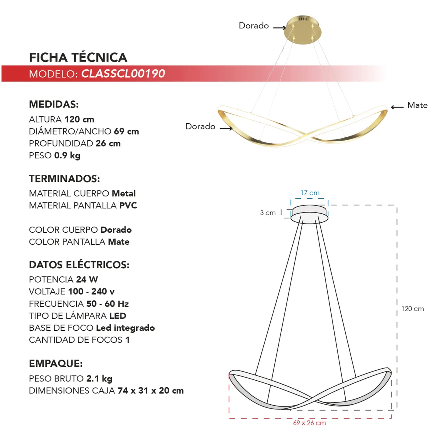 Candil Colgante Moderno CLASSCL00190 – Diseño Orgánico LED en Dorado