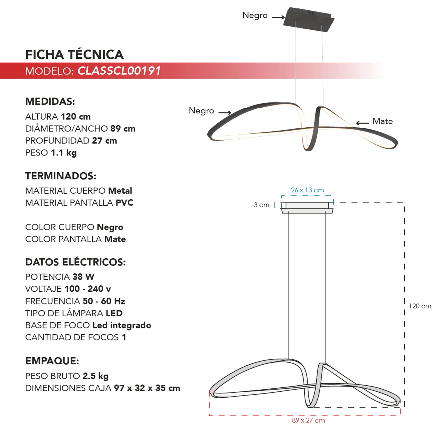 Candil Colgante Moderno CLASSCL00191 – Diseño Orgánico LED en Negro Mate