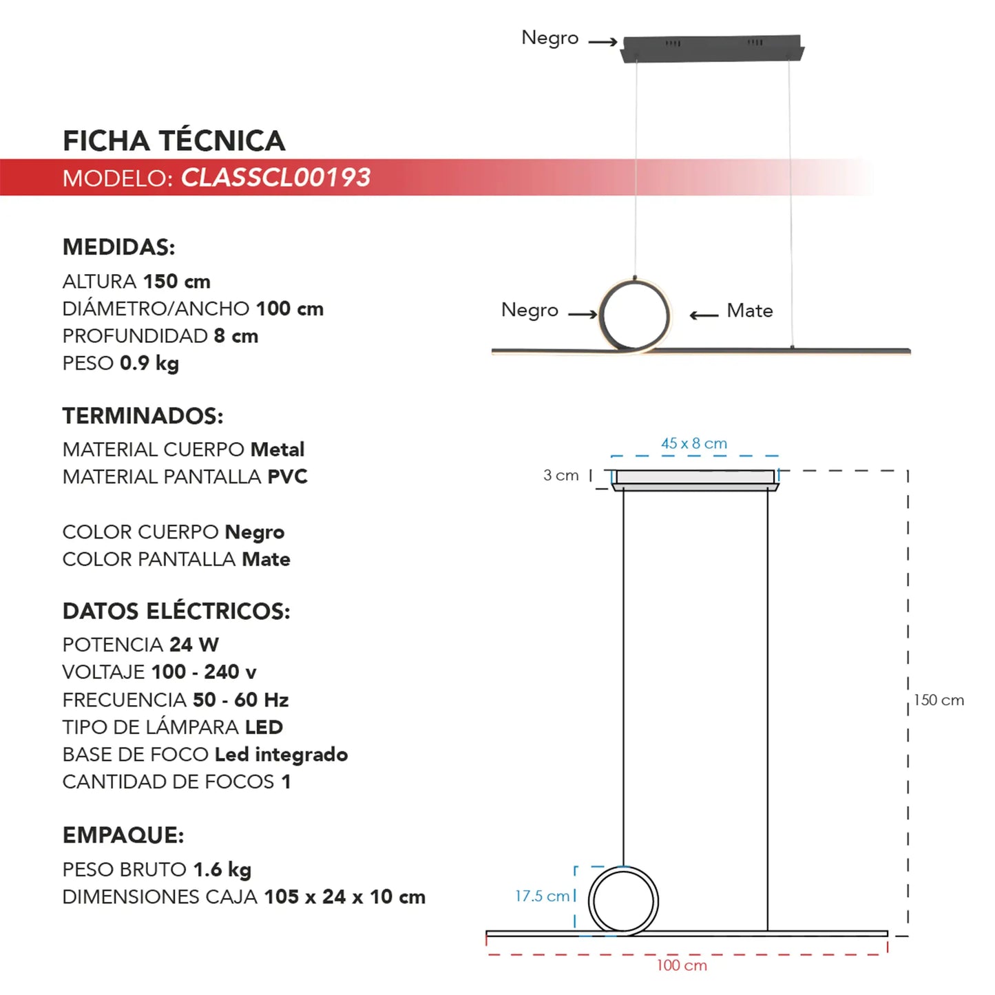 Candil Colgante Moderno CLASSCL00193 – Diseño Lineal y Circular LED en Negro Mate