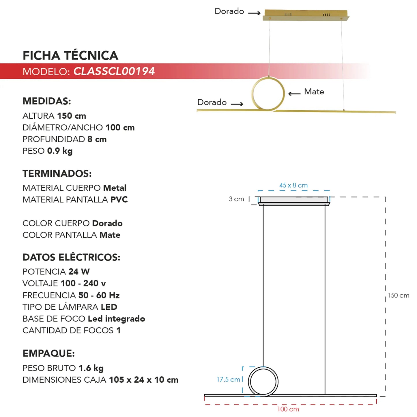 Candil Colgante Minimalista CLASSCL00194 – Barra LED Geométrica con Aro en Dorado