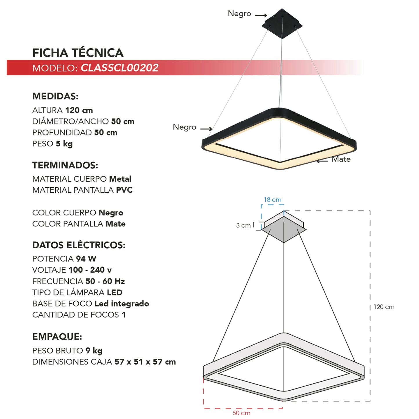 Candil Colgante Minimalista CLASSCL00202 – Diseño Cuadrado LED en Negro