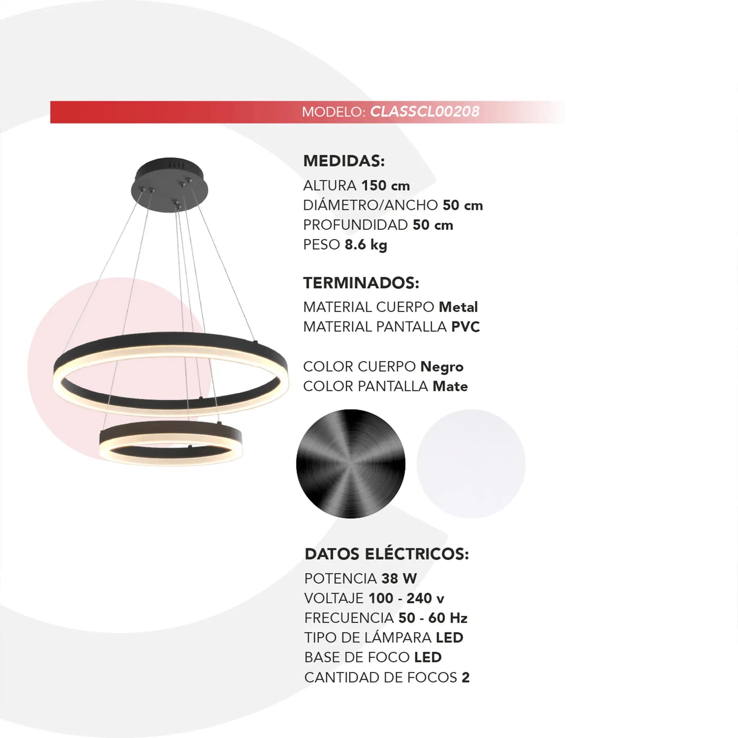 Candil Colgante Minimalista CLASSCL00208 – Doble Aro Circular LED en Acabado Negro