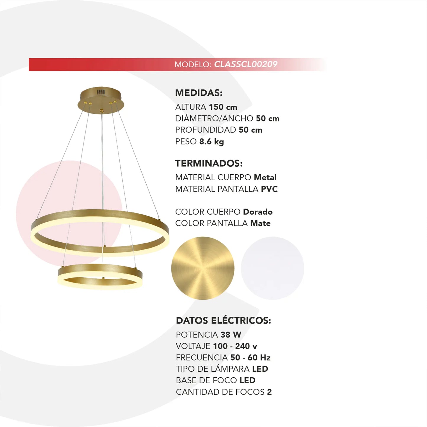 Candil Colgante Minimalista CLASSCL00209 – Doble Aro LED en Acabado Dorado
