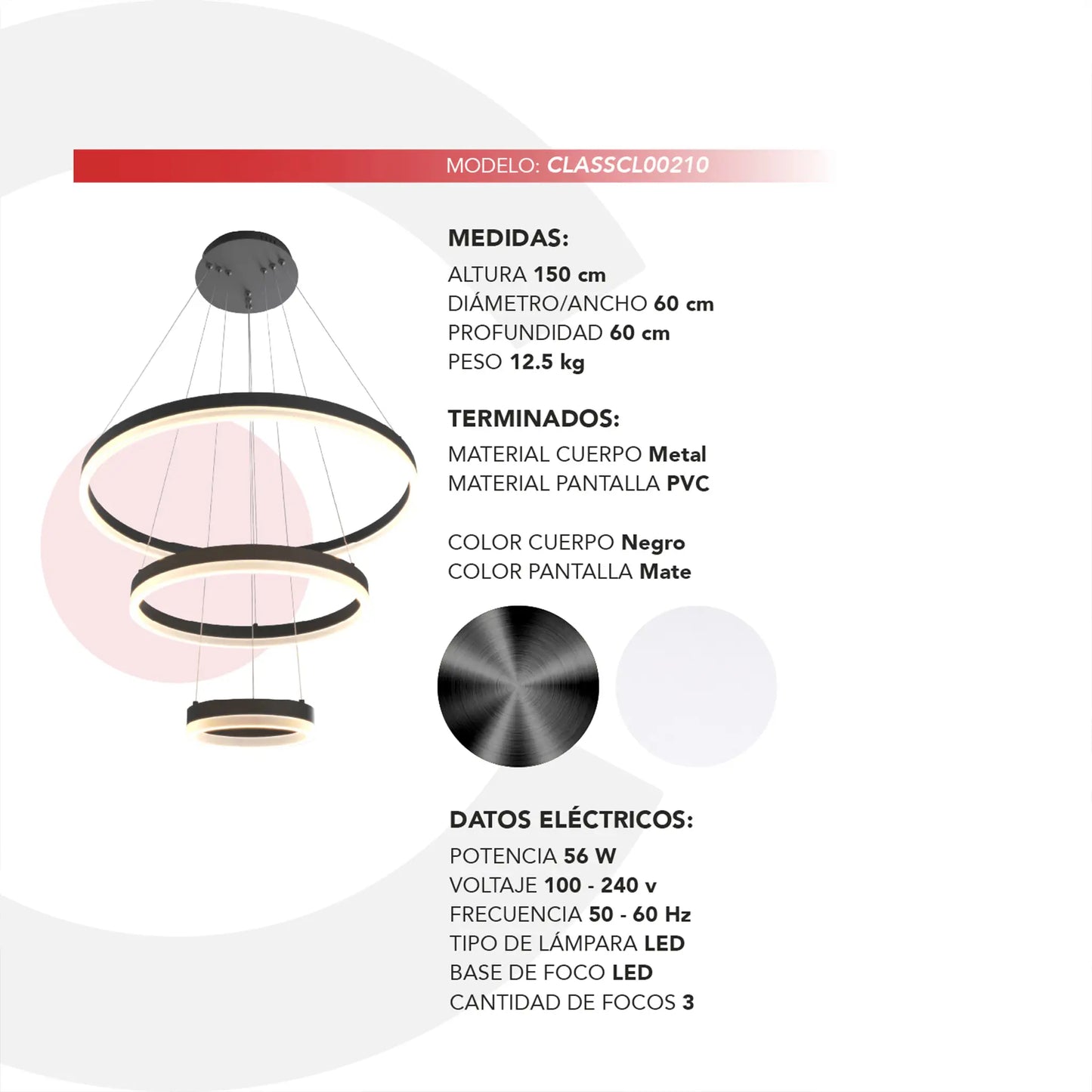 Candil Colgante Minimalista CLASSCL00210 – Triple Aro LED Suspendido en Negro