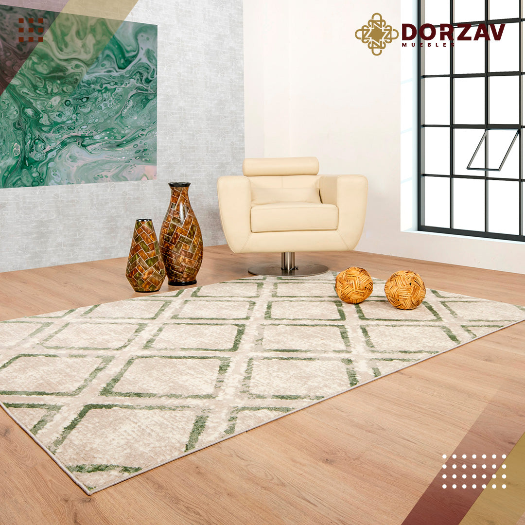 Tapete Decorativo Deniz U7012 Crema / Verde – Geométrico · Interior